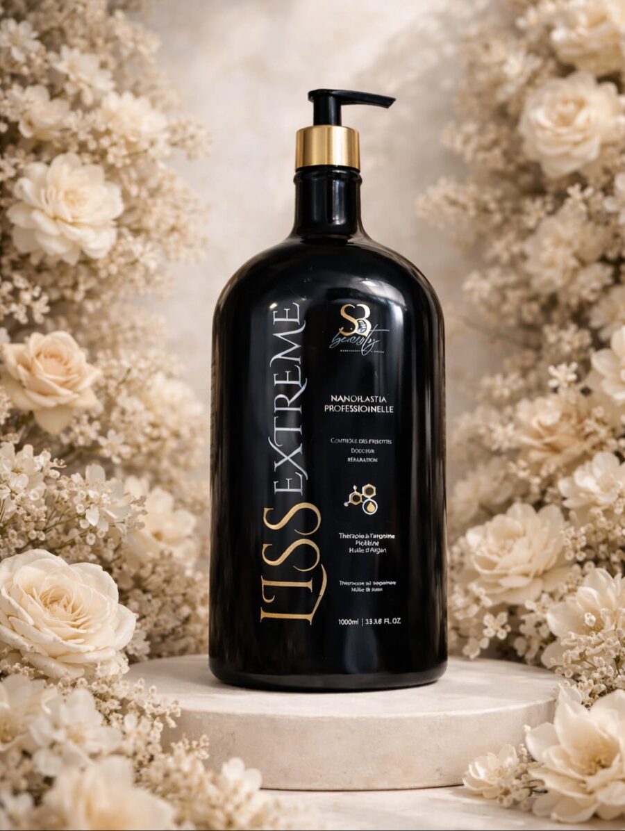 Flacon Liss Extrême SB Beauty, nanoplastia professionnelle, entouré de fleurs