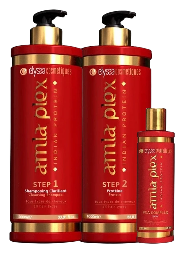 Kit Lissage Nano Indien Amla Plex Elyssa Cosmétiques : shampooing clarifiant 1 L, protéine 1 L et PCA Complex