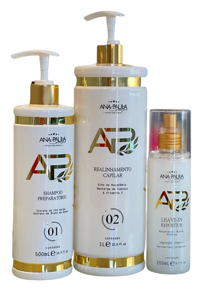 Kit Lissage AP Ana Paula Carvalho : shampooing préparation 500 ml, masque transformation 1 L et leave-in repositor 200 ml