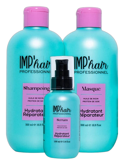 Trio IMP'hair Professionnel Hydratant Réparateur : shampooing 500 ml, masque 500 ml et sérum 100 ml, ricin et protéines de soie