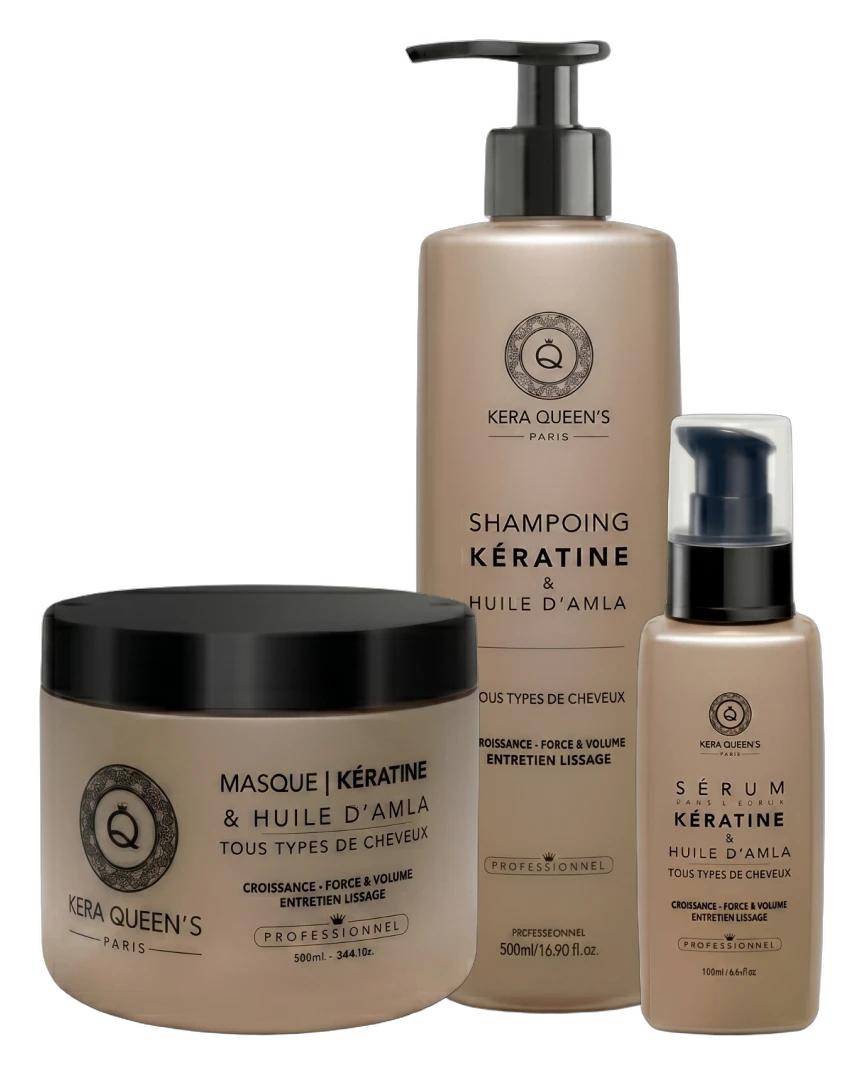 Trio Kératine & Amla Kera Queen's Paris : shampooing 500 ml, masque 500 ml et sérum 100 ml