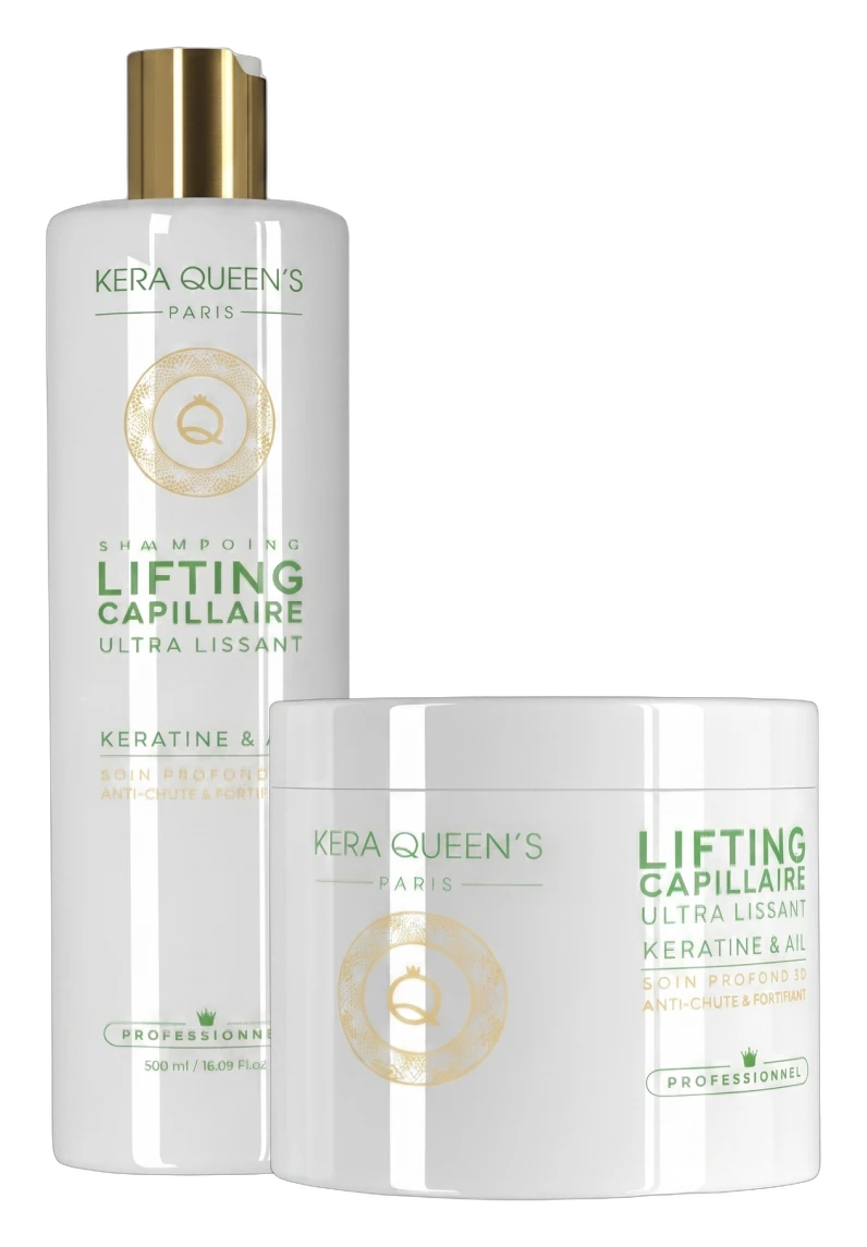 Duo Lifting Capillaire Kératine & Ail Kera Queen's : shampooing 500 ml et masque 500 ml, anti-chute et fortifiant