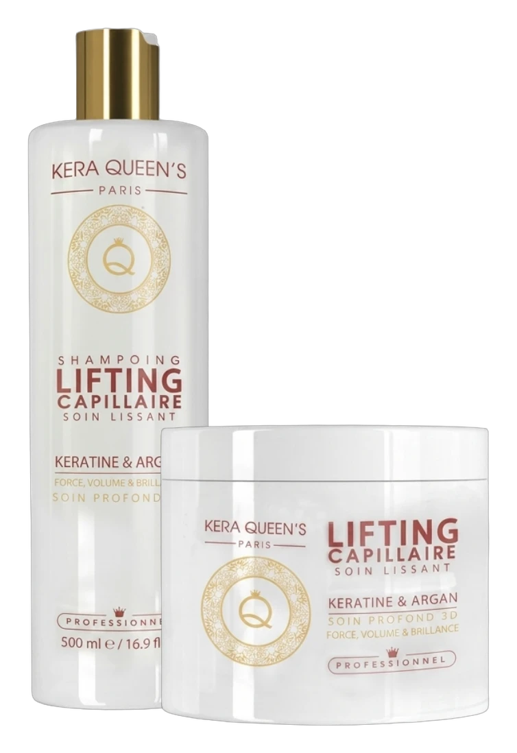 Duo Lifting Capillaire Kératine & Argan Kera Queen's : shampooing 500 ml et masque 500 ml, force, volume et brillance