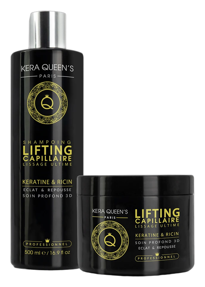 Duo Lifting Capillaire Kératine & Ricin Kera Queen's : shampooing 500 ml et masque 500 ml, lissage ultime, éclat et repousse