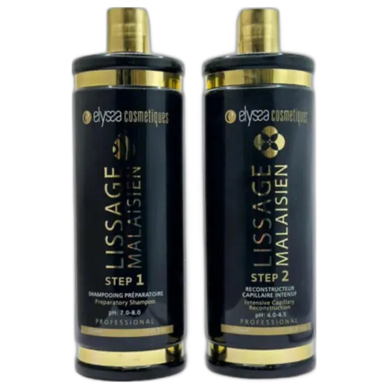 Kit Lissage Malaisien Elyssa Cosmétiques : shampooing préparatoire et reconstructeur capillaire intensif, 2 × 1 L