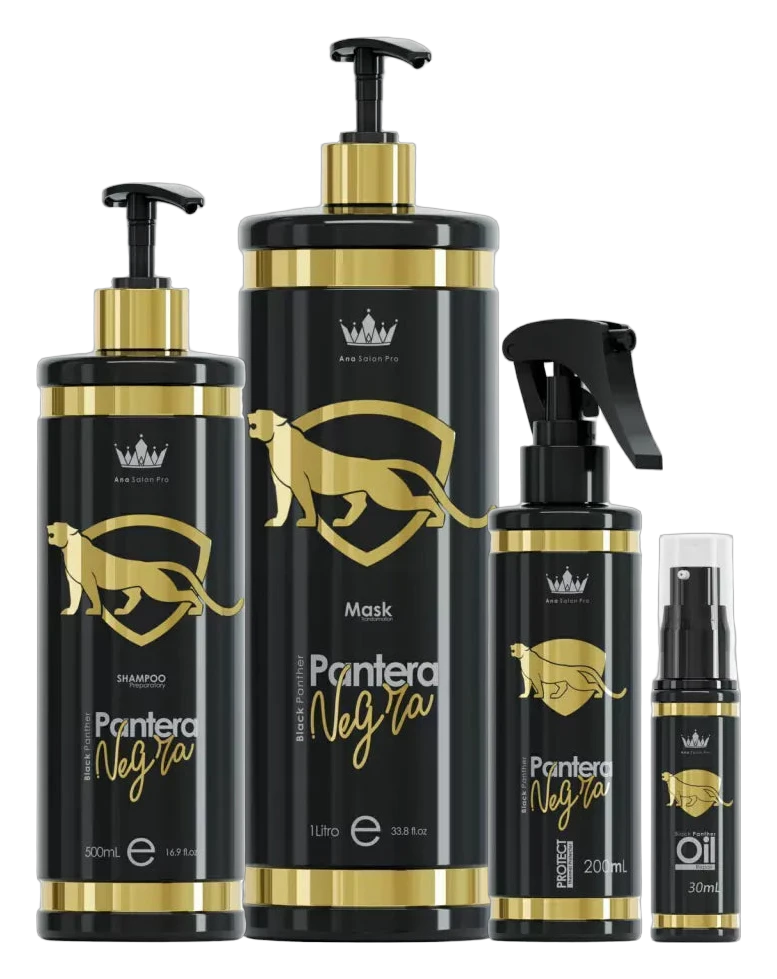 Kit Lissage Pantera Negra Ana Paula Carvalho : shampooing 500 ml, masque 1 L, Protect 200 ml et huile 30 ml