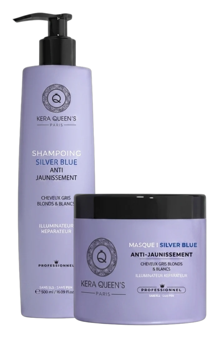 Duo Silver Blue anti-jaunissement Kera Queen's Paris : shampooing 500 ml et masque 500 ml, cheveux gris, blancs et blonds