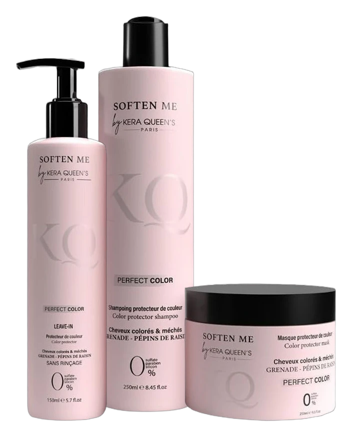 Trio Soften Me Perfect Color by Kera Queen's : shampooing 250 ml, leave-in 150 ml et masque 250 ml, grenade et pépins de raisin