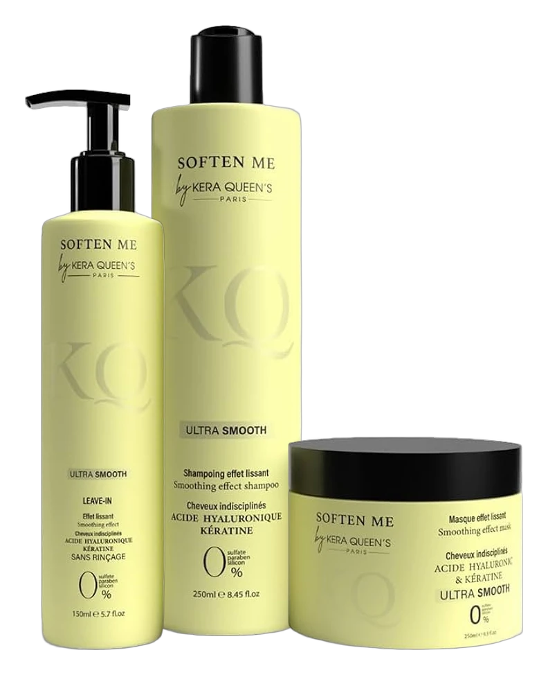Trio Soften Me Ultra Smooth by Kera Queen's : shampooing 250 ml, leave-in 150 ml et masque 250 ml, kératine et acide hyaluronique