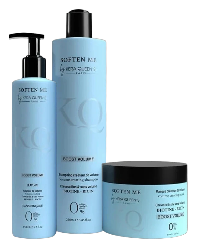 Trio Soften Me Boost Volume by Kera Queen's : shampooing 250 ml, leave-in 150 ml et masque 250 ml, biotine et ricin
