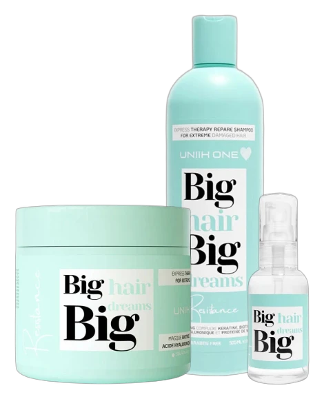 Trio Big Hair Big Dreams Résistance Uniik One : shampooing, masque et sérum, cheveux très abîmés